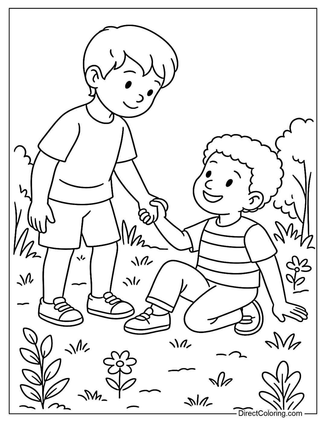 A coloring page of a child helping a friend up after falling, surrounded by plants and trees.